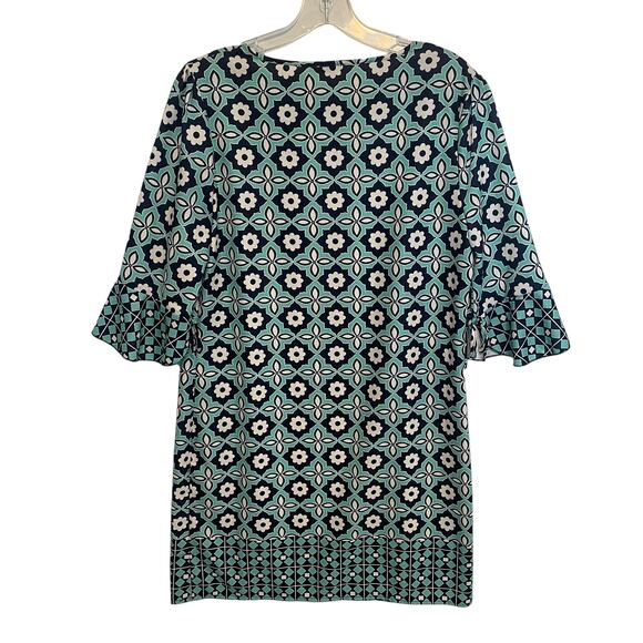 Aryeh NEW Geo Floral Border Dress Women's Large Teal Navy Bell Sleeves Flowy NWT - Picture 5 of 9